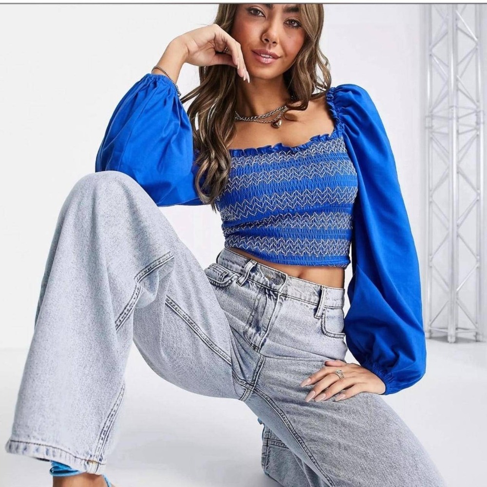 ASOS Blue Smocked Crop Top Long Puff Sleeve Embroidered Resortwear‎ Vacation